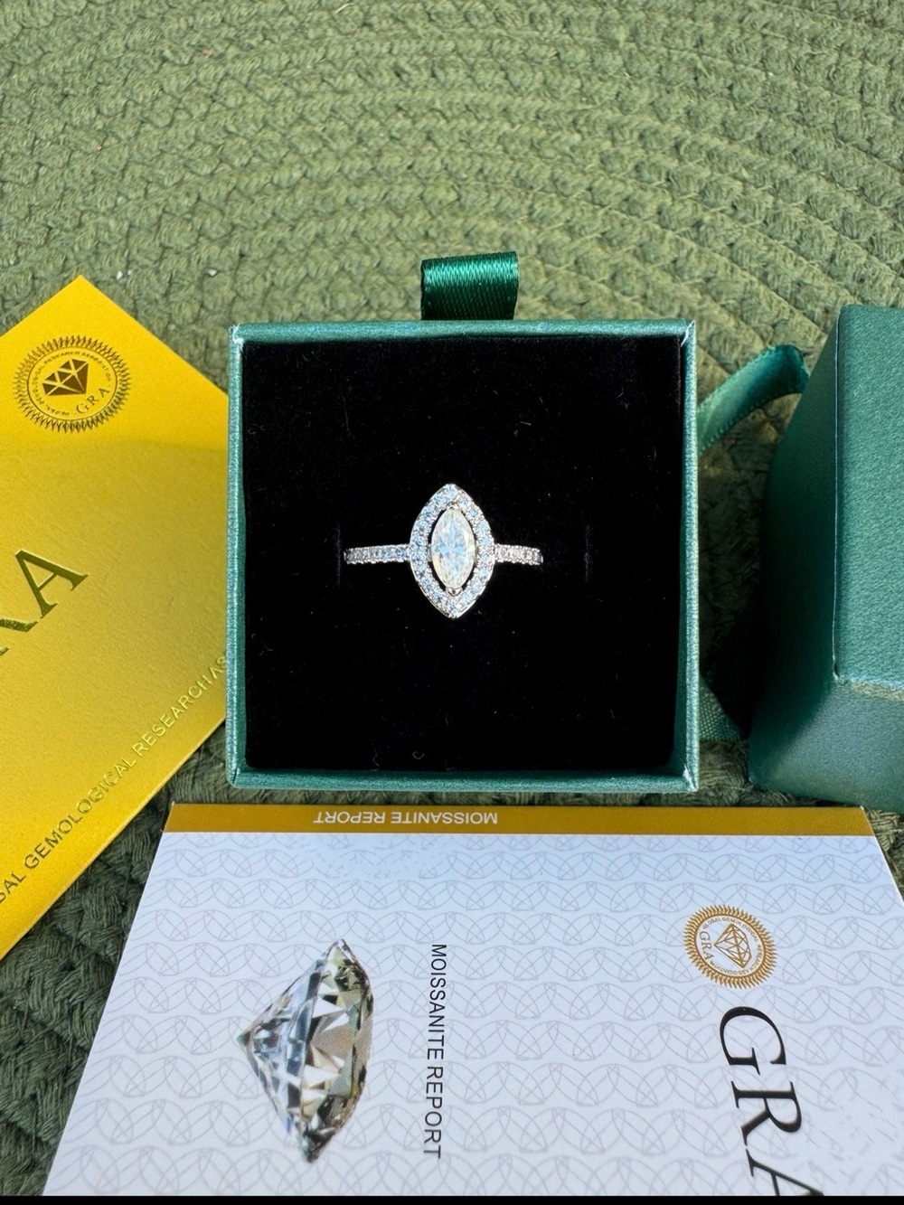 0.5 CT Moissanite Marquise Halo Engagement Ring - GRA Certified - Size 7